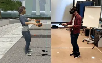 A participant dancing beside a virtual salsa instructor